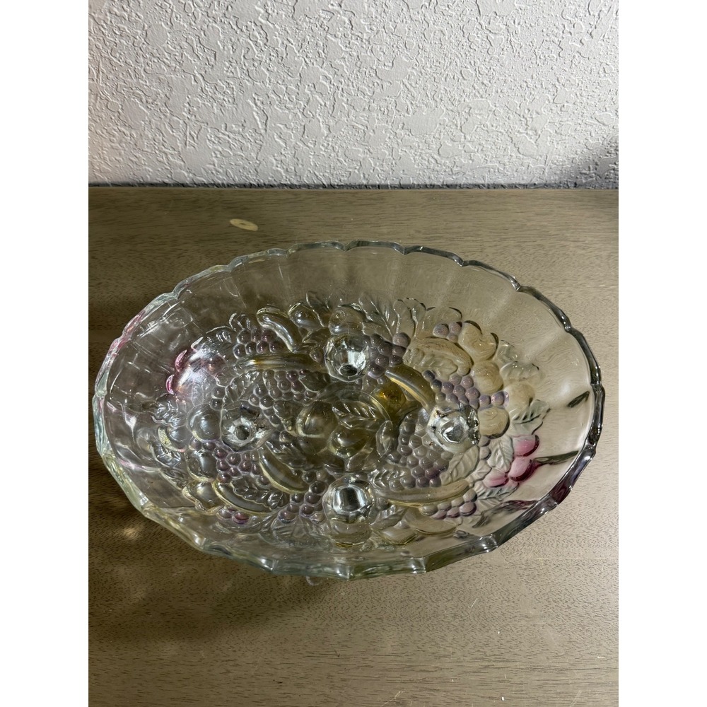 Vintage Iridescent Glass Fruit Bowl Footed Oval Harvest Grapes Centerpiece 12in
